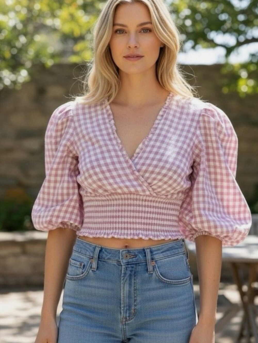 Abercrombie Women’s Pink Gingham Smocked Crop Top